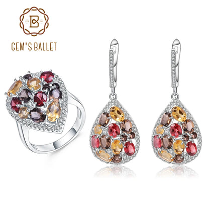 GEM'S BALLET Luxury 925 Sterling Silver Jewelry Set For Women Natural Smoky Quartz Citrine Drop Earrings Ring Set Fine Jewelry
