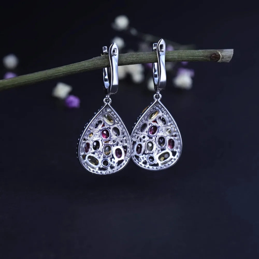 GEM'S BALLET Luxury 925 Sterling Silver Jewelry Set For Women Natural Smoky Quartz Citrine Drop Earrings Ring Set Fine Jewelry