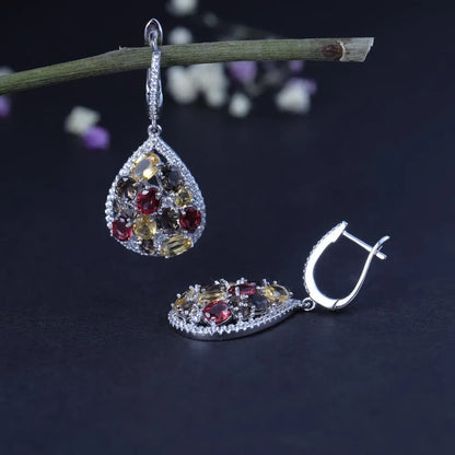 GEM'S BALLET Luxury 925 Sterling Silver Jewelry Set For Women Natural Smoky Quartz Citrine Drop Earrings Ring Set Fine Jewelry