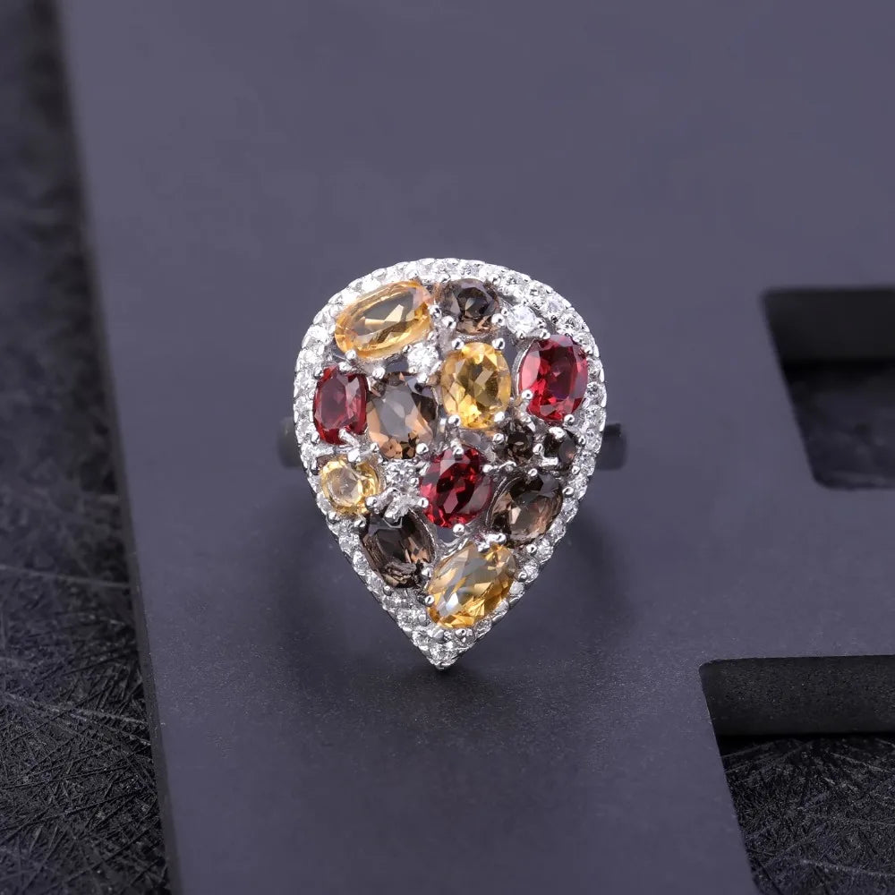 GEM'S BALLET Luxury 925 Sterling Silver Jewelry Set For Women Natural Smoky Quartz Citrine Drop Earrings Ring Set Fine Jewelry