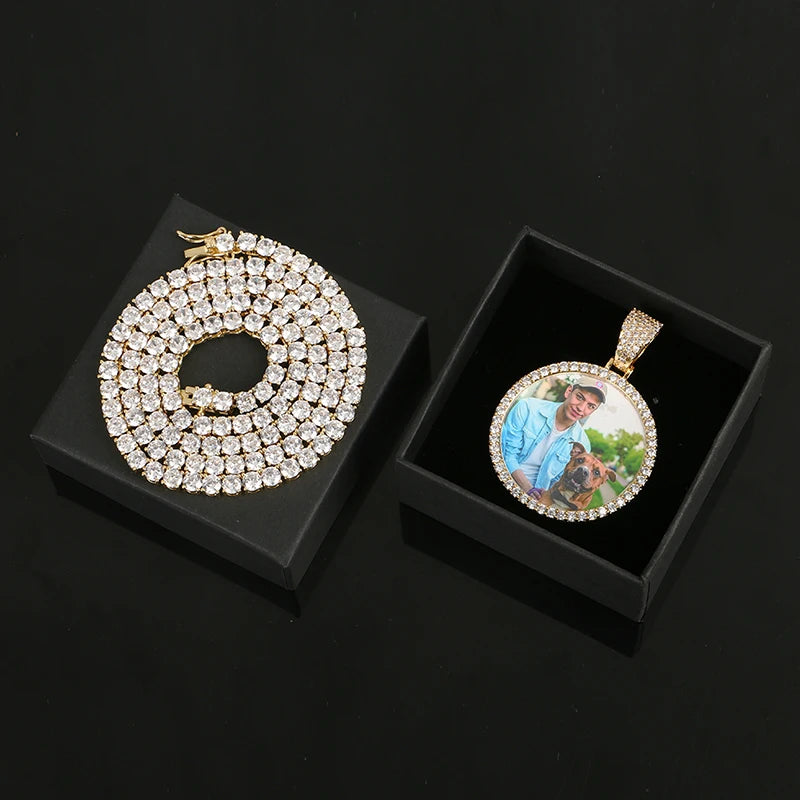 Hot Custom Photo Pendant Necklace Personality Men's Hip Hop Jewelry With 4mm Tennis Chain Cubic Zircon Gold Silver 585 Rose Gold