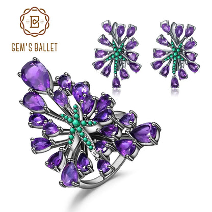 GEM'S BALLET 925 Sterling Silver Gemstone Earrings Ring Set Natural Amethyst Vintage Gothic Punk Jewelry Set For Women Jewelry