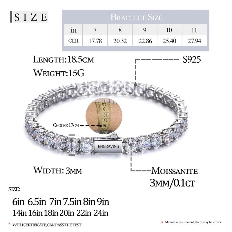 Fine Men Women Moissanite Tennis Bracelet Sterling Silver 925 100% Bracelet GRA VVS1 D Color Moissanite With Certificate