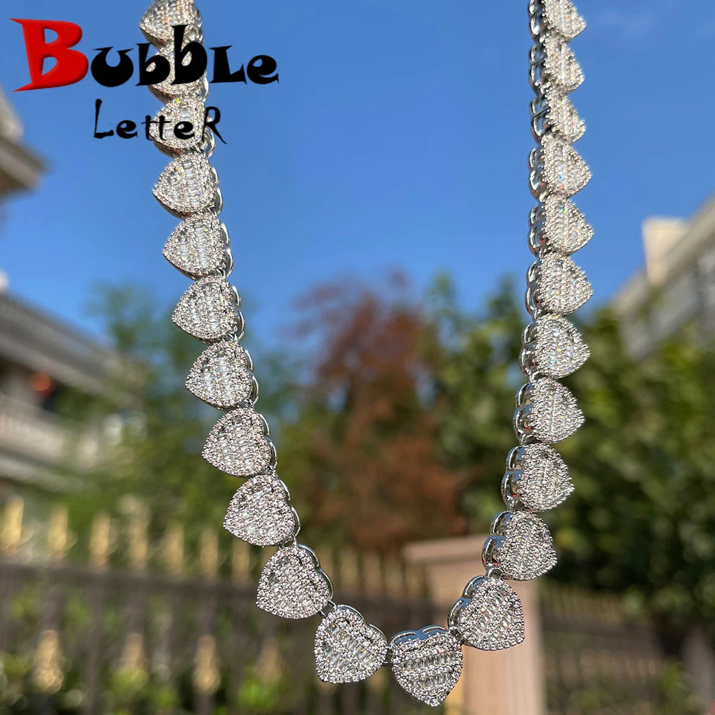 Bubble Letter Baguette Crushed Heart Necklace for Women  Iced Out Choker Micro Pave Prong Setting Hip Hop Jewelry