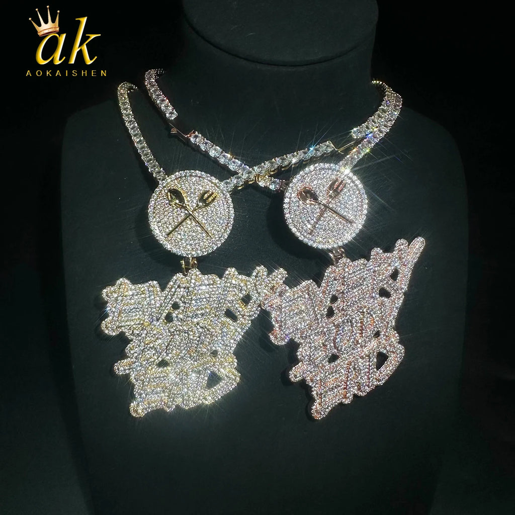 Aokaishen Iced Out Necklace Pendant for Men Every Body Eats Charms Real Copper Cubic Zircona Gold Plated Hip Hop Jewelry