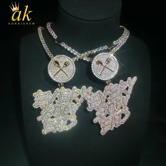 Aokaishen Iced Out Necklace Pendant for Men Every Body Eats Charms Real Copper Cubic Zircona Gold Plated Hip Hop Jewelry