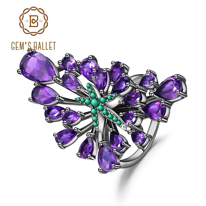 GEM'S BALLET 925 Sterling Silver Gemstone Earrings Ring Set Natural Amethyst Vintage Gothic Punk Jewelry Set For Women Jewelry